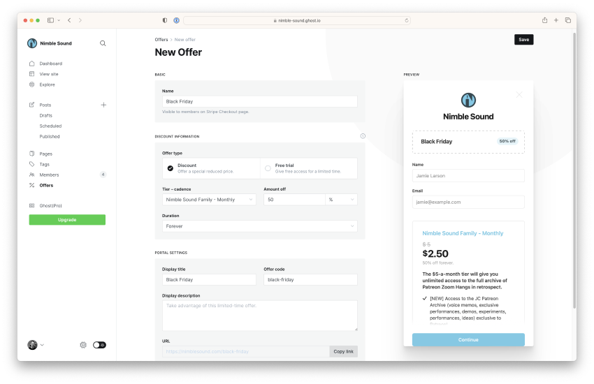 Membership offer page in the Nimble Sound example
