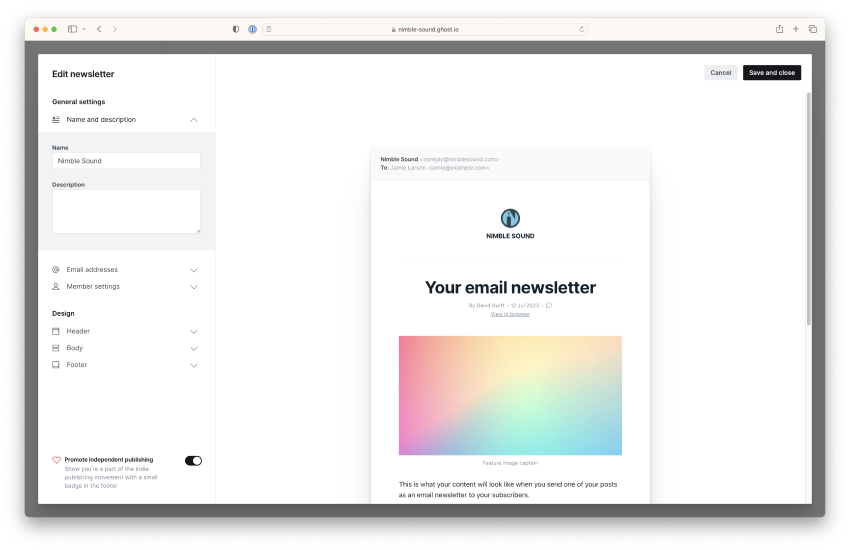 Newsletter email composed in Ghost