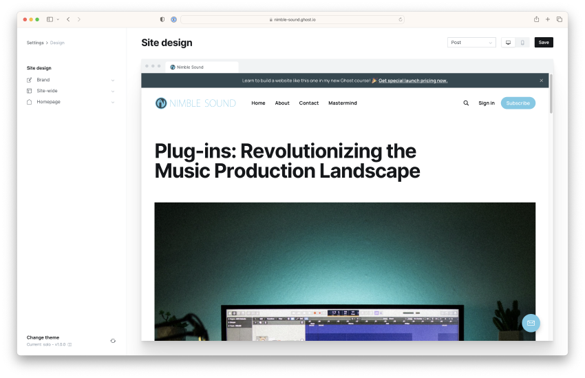 Ghost theme design settings for the Nimble Sound example site